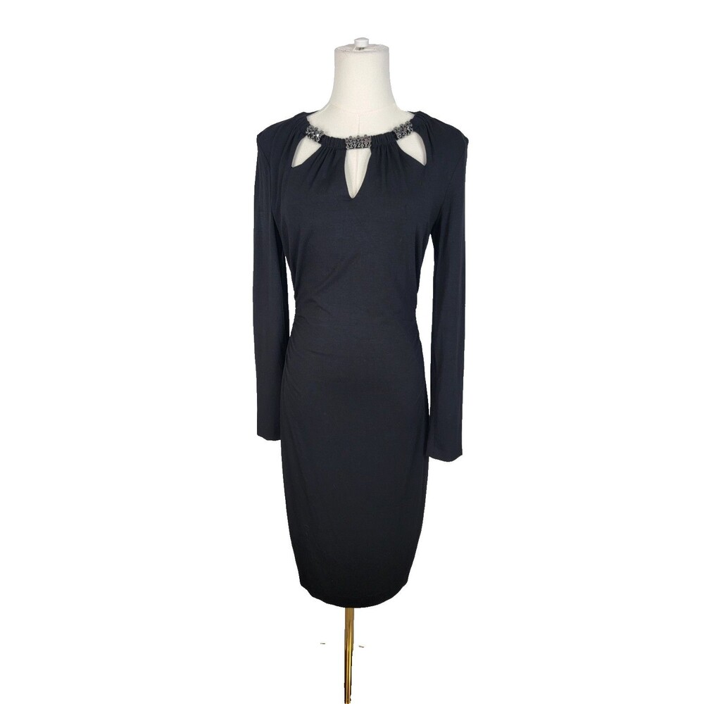 Cache M Black Dress Embellished Cutout Neckline Sheath Ruched Long Sleeve y2k